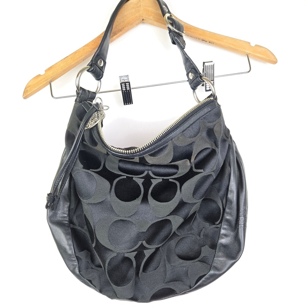 Coach Black Signature Ali Hobo Bag SateenLeather Trim 13642. Dirty!